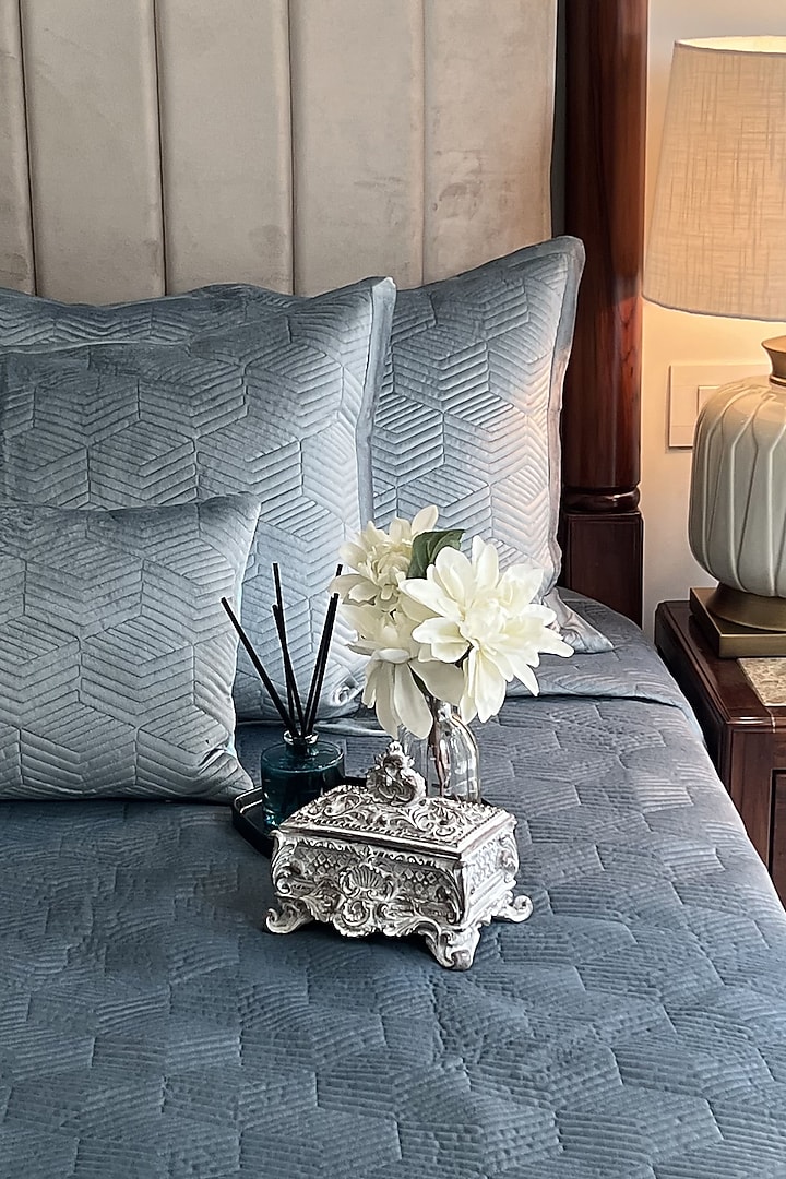 Powder Blue Velvet Quilted Bedspread Set (Set Of 3) by SADYASKA at Pernia's Pop Up Shop