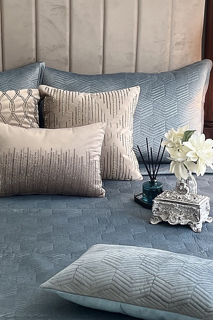 Powder Blue Velvet Quilted Bedspread Set (Set Of 3) by SADYASKA at Pernia's Pop Up Shop