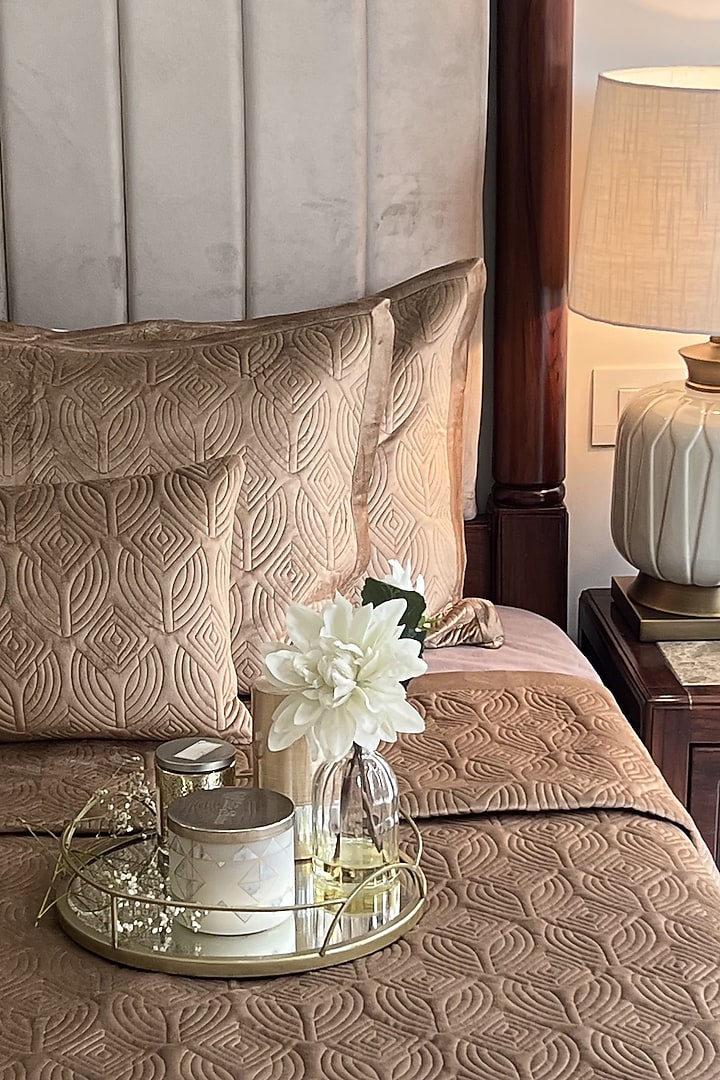 Camel Velvet Quilted Bedspread Set (Set Of 3) by SADYASKA at Pernia's Pop Up Shop