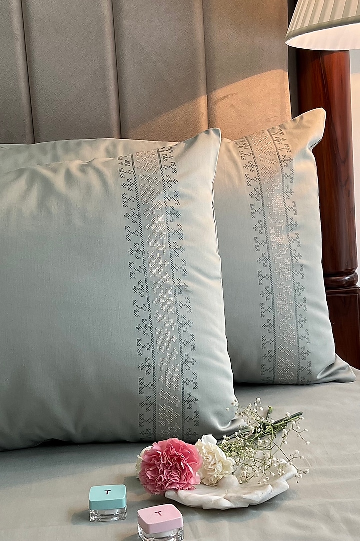 Sage Green Cotton Bedsheet Set (Set of 3) by SADYASKA at Pernia's Pop Up Shop