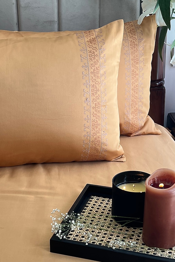 Honey Mustard Cotton Bedsheet Set (Set of 3) by SADYASKA at Pernia's Pop Up Shop