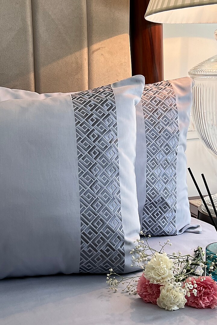 Smoke Blue Cotton Bedsheet Set (Set of 3) by SADYASKA at Pernia's Pop Up Shop