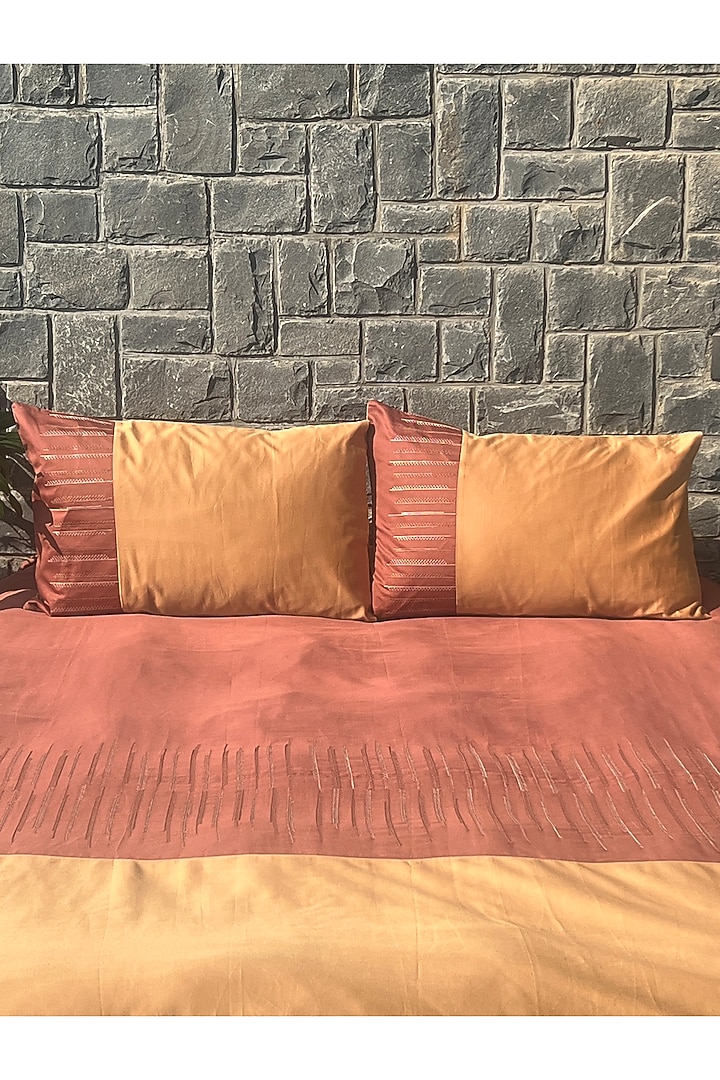 Honey Mustard & Terracotta Red Cotton Bedsheet Set Of 3 by SADYASKA at Pernia's Pop Up Shop