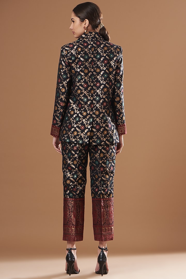 Black Silk Embroidered Blazer Set by Safaa at Pernia's Pop Up Shop