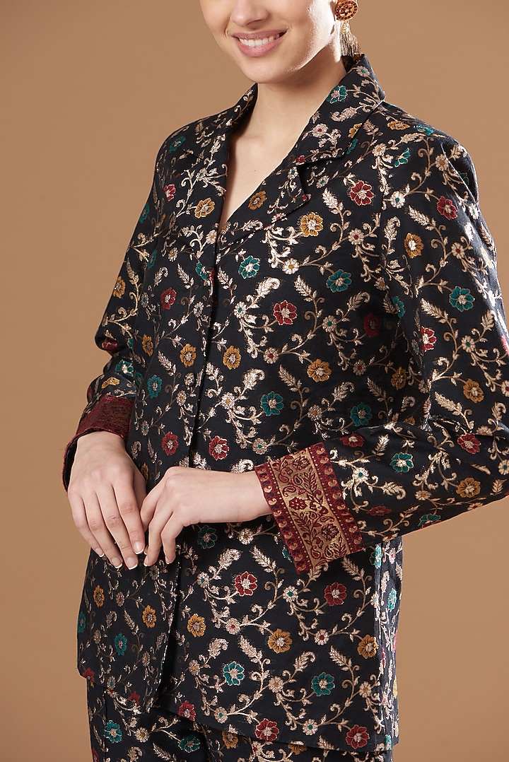 Black Silk Embroidered Blazer Set by Safaa at Pernia's Pop Up Shop