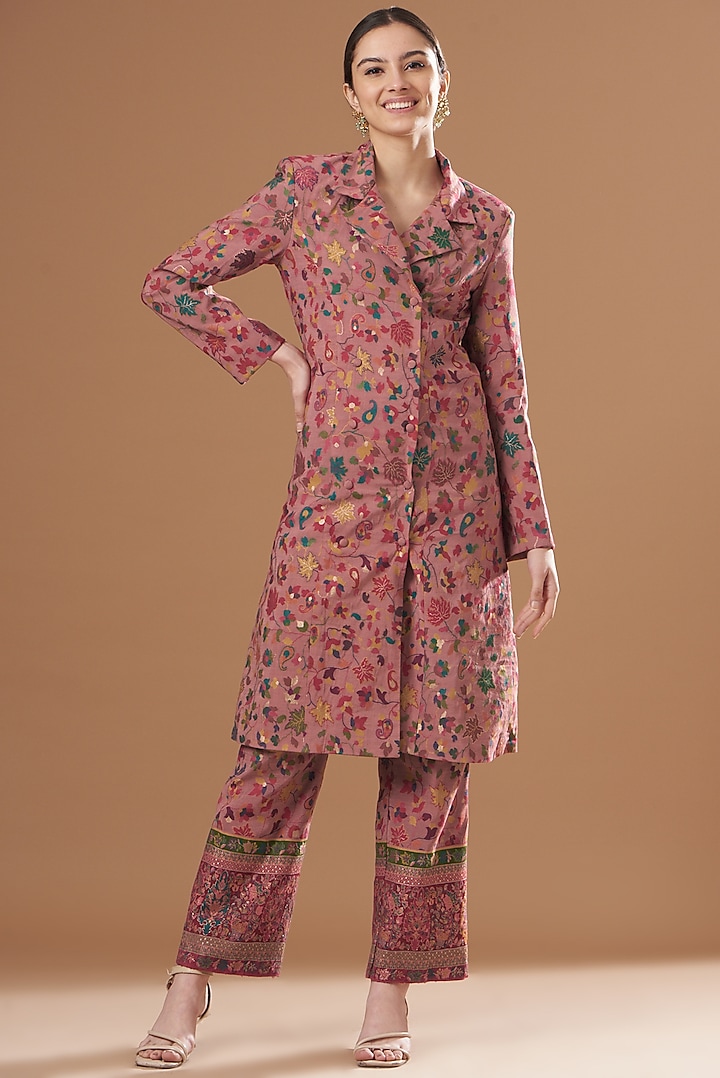 Pale Onion Pink Silk Printed Long Jacket Set by Safaa at Pernia's Pop Up Shop