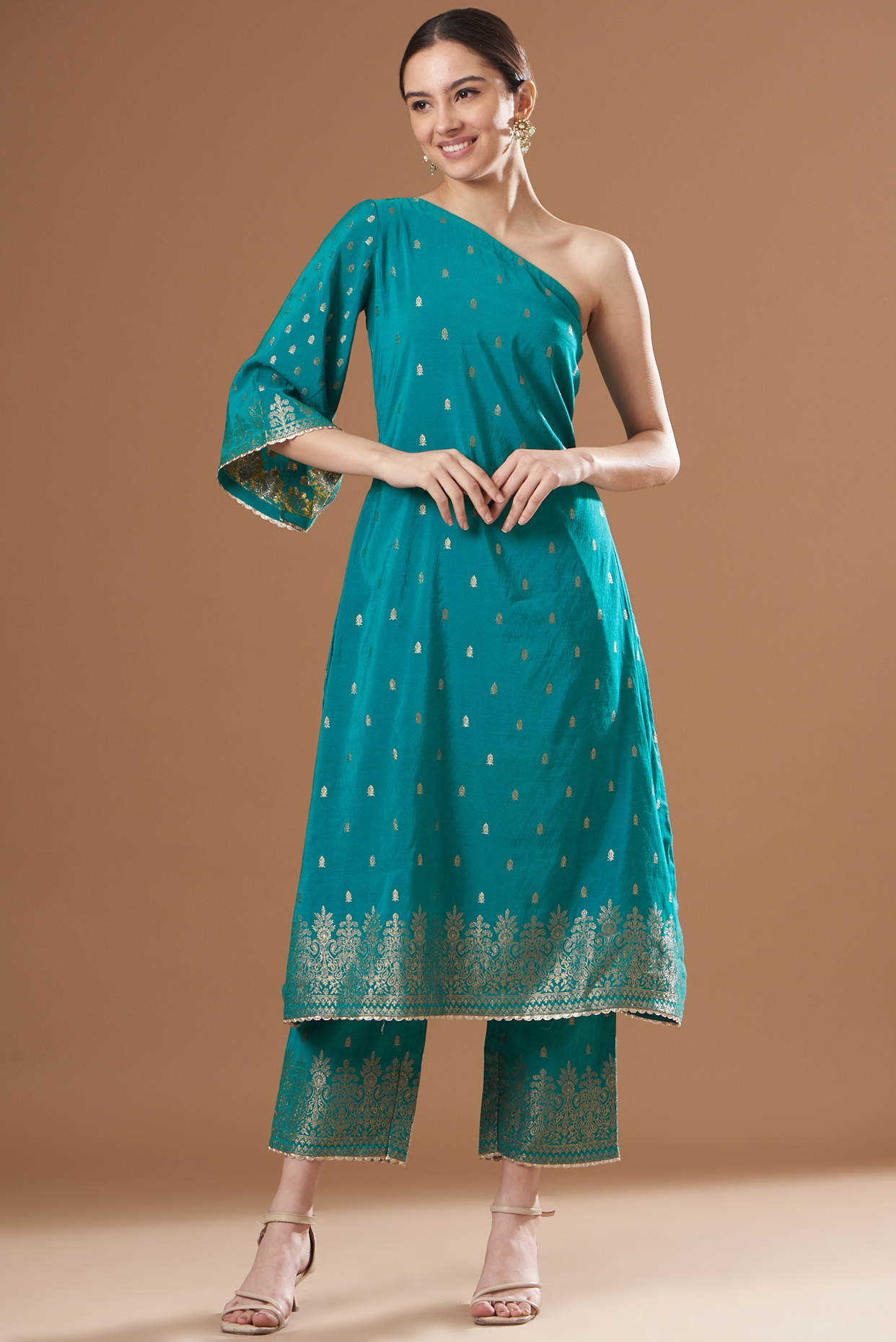 Teal Blue Silk Embroidered One-Shoulder A-line Kurta Set by Safaa