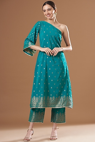 Teal Blue Silk Embroidered One-Shoulder A-line Kurta Set by Safaa