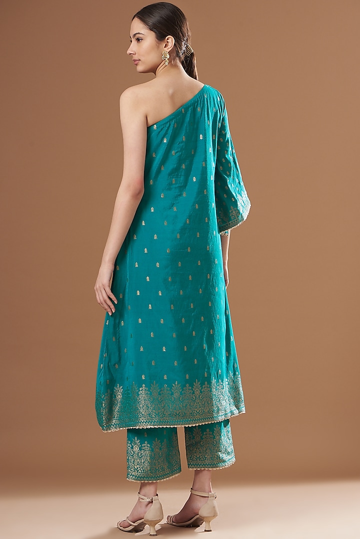 Teal Blue Silk Embroidered One-Shoulder A-line Kurta Set by Safaa at Pernia's Pop Up Shop