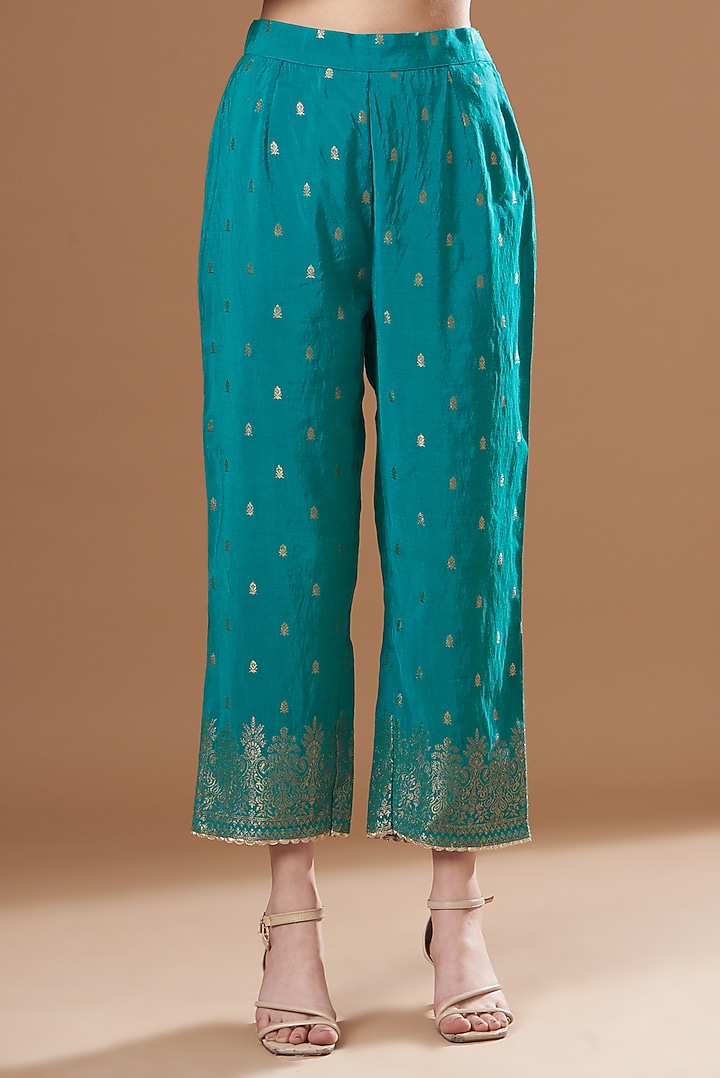 Teal Blue Silk Embroidered One-Shoulder A-line Kurta Set by Safaa at Pernia's Pop Up Shop
