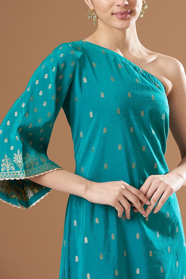Teal Blue Silk Embroidered One-Shoulder A-line Kurta Set by Safaa at Pernia's Pop Up Shop