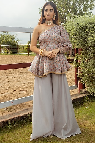 Grey Vegan Silk Sharara Set by Safaa