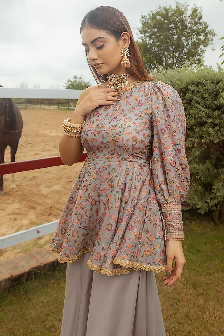 Grey Vegan Silk Party Wear Sharara Set by Safaa at Pernia's Pop Up Shop