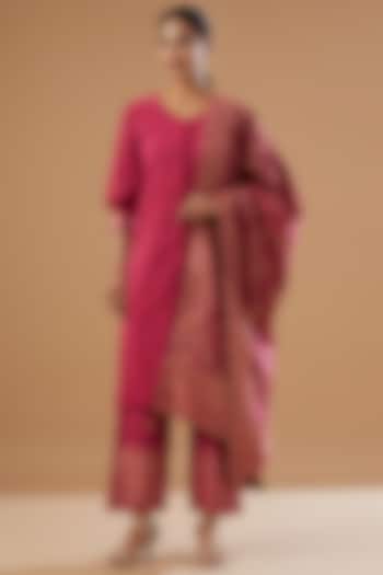 Ruby Pink Moonga Silk Kurta Set by Safaa