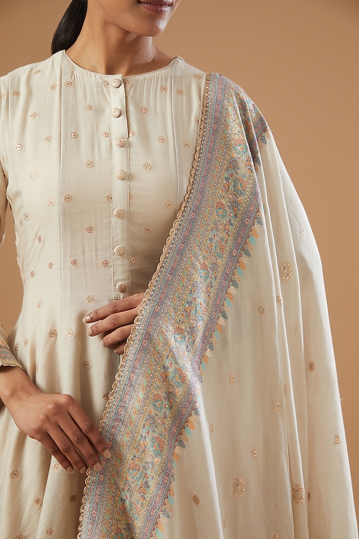 Ivory Self Woven Vegan Silk Wedding Anarkali Set by Safaa at Pernia's Pop Up Shop