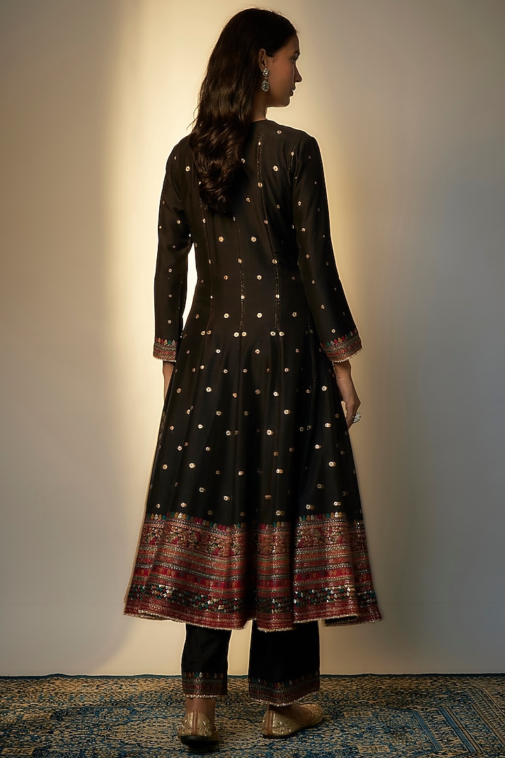 Black Vegan Silk Woven Wedding Anarkali Set by Safaa at Pernia's Pop Up Shop