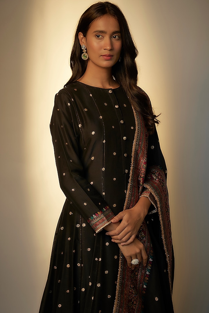 Black Vegan Silk Woven Wedding Anarkali Set by Safaa at Pernia's Pop Up Shop