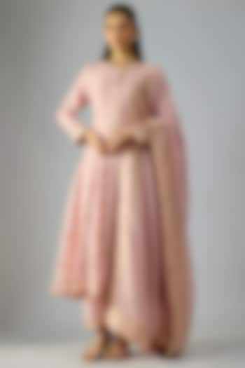 Pink Vegan Silk Floral Embroidered Wedding Anarkali Set by Safaa at Pernia's Pop Up Shop