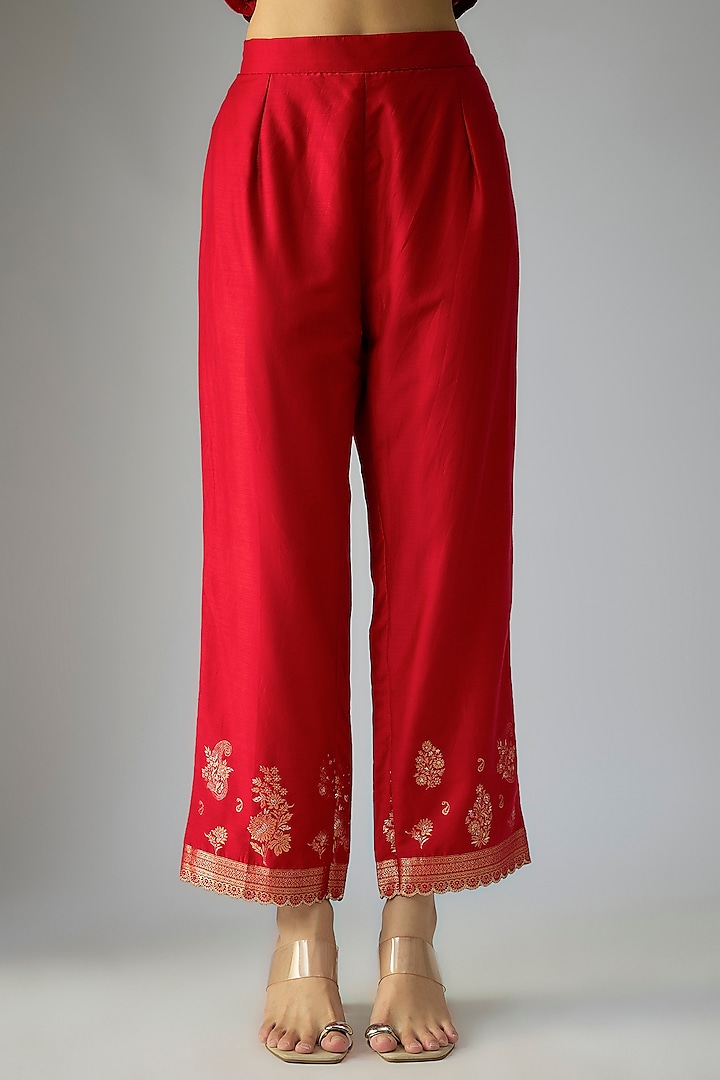 Red Vegan Silk Floral Embroidered Wedding Anarkali Set by Safaa at Pernia's Pop Up Shop