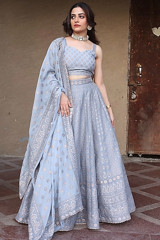 Cool Grey Vegan Silk Chikankari Kalidar Lehenga Set by Safaa