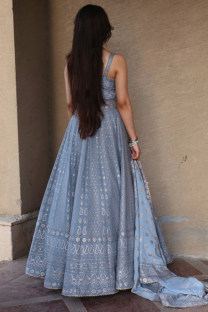 Cool Grey Vegan Silk Chikankari Kalidar Wedding Lehenga Set by Safaa at Pernia's Pop Up Shop
