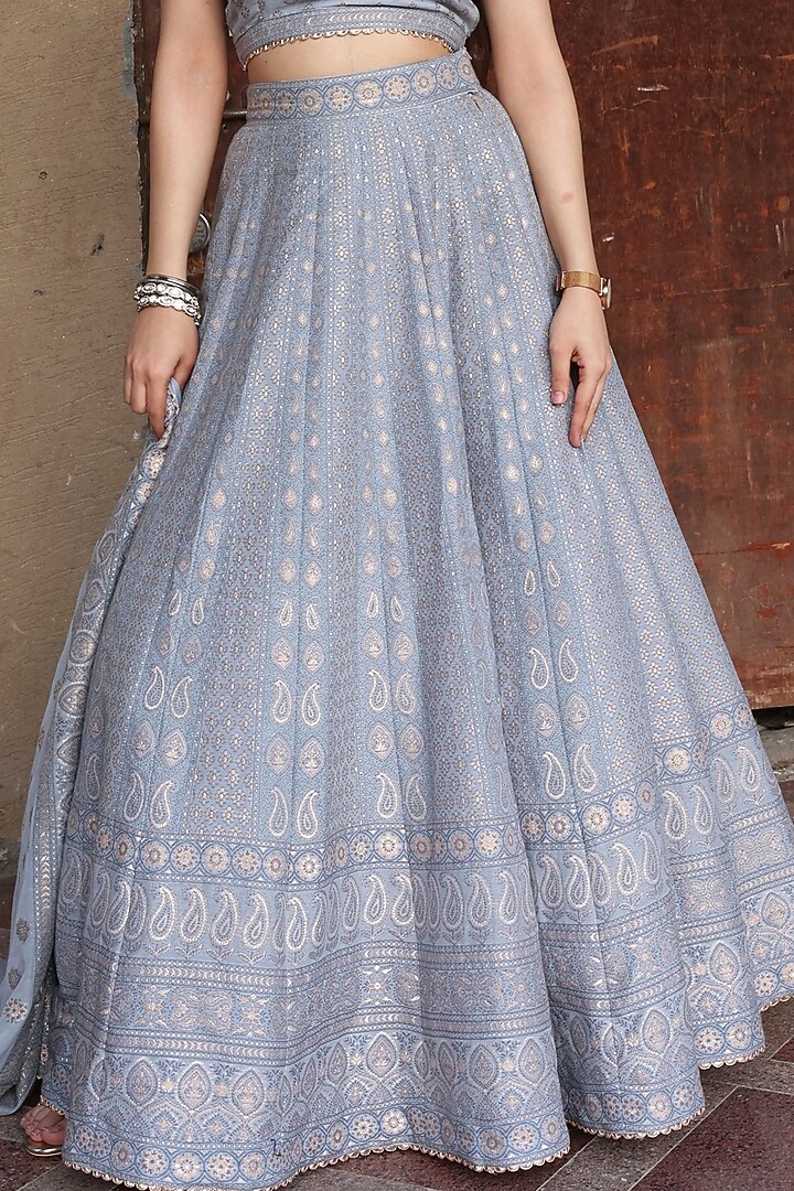 Cool Grey Vegan Silk Chikankari Kalidar Wedding Lehenga Set by Safaa at Pernia's Pop Up Shop