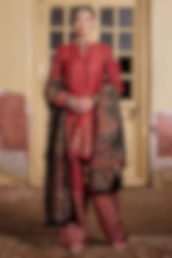 Red & Black Moonga Silk Zari Work Short Wedding Anarkali Set by Safaa at Pernia's Pop Up Shop