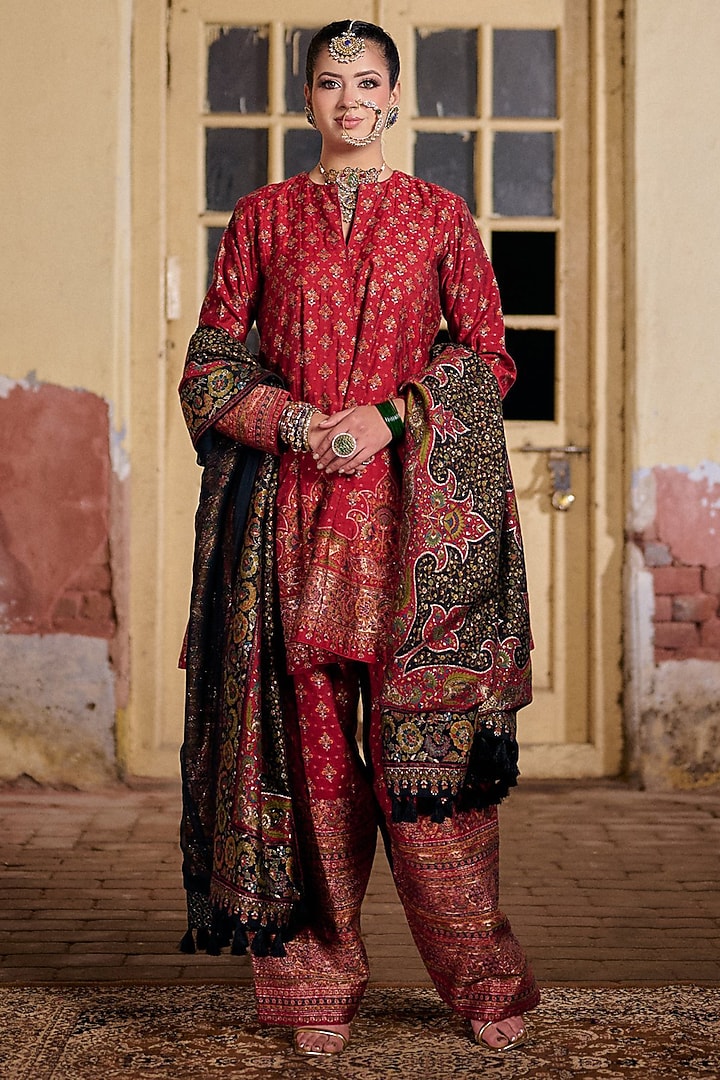 Red & Black Moonga Silk Zari Work Short Wedding Anarkali Set by Safaa at Pernia's Pop Up Shop