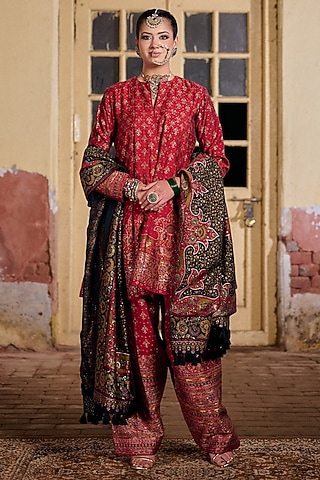 Red & Black Moonga Silk Zari Work Short Anarkali Set by Safaa