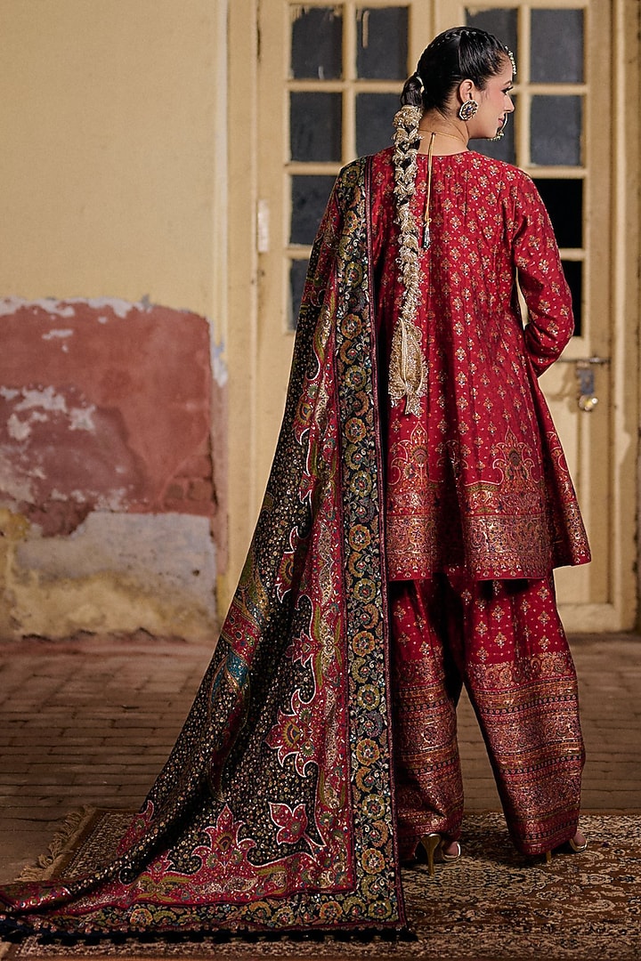 Red & Black Moonga Silk Zari Work Short Wedding Anarkali Set by Safaa at Pernia's Pop Up Shop