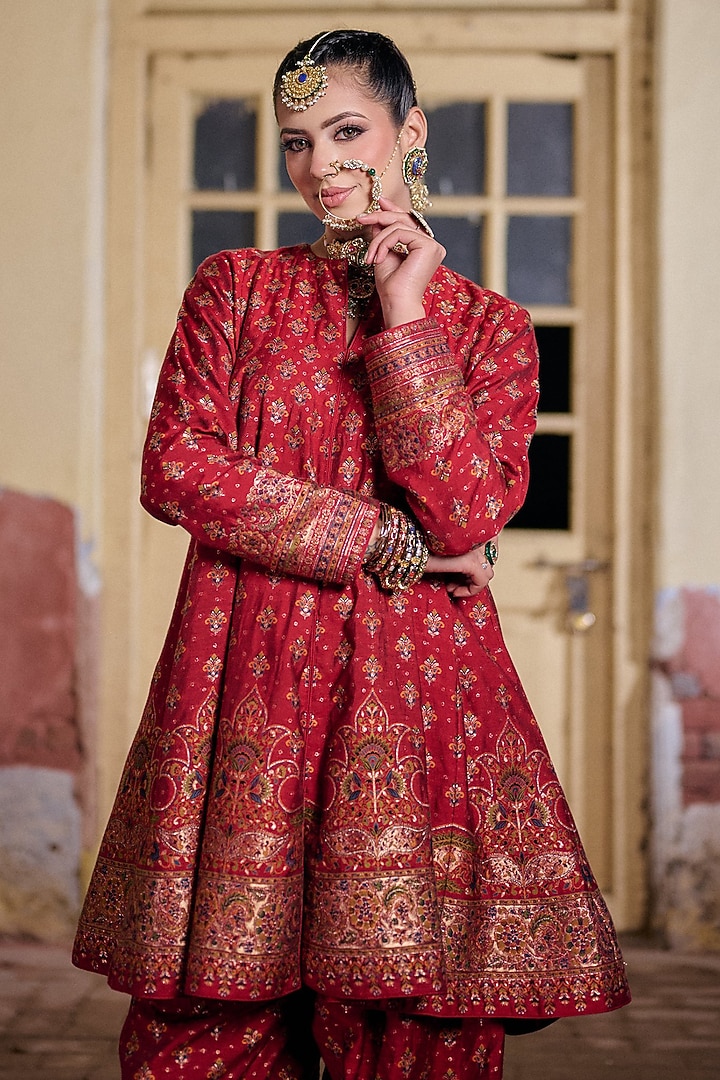 Red & Black Moonga Silk Zari Work Short Wedding Anarkali Set by Safaa at Pernia's Pop Up Shop