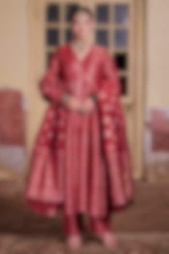 Deep Red Vegan Silk Embroidered Wedding Anarkali Set by Safaa at Pernia's Pop Up Shop