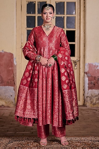 Deep Red Vegan Silk Embroidered Anarkali Set by Safaa