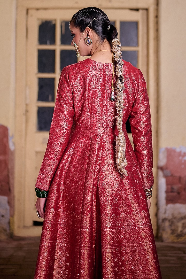 Deep Red Vegan Silk Embroidered Wedding Anarkali Set by Safaa at Pernia's Pop Up Shop