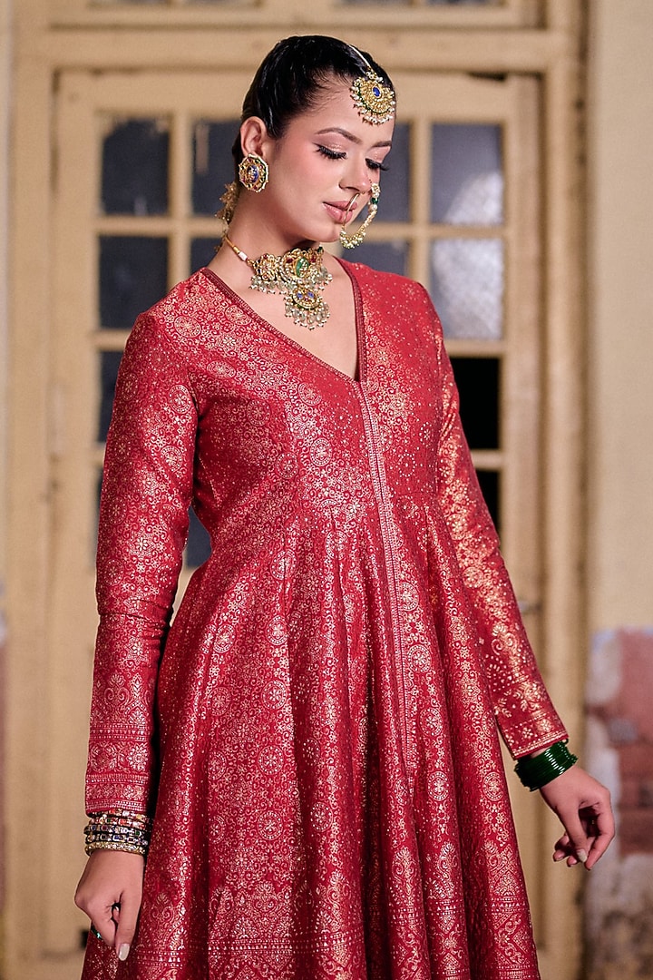 Deep Red Vegan Silk Embroidered Wedding Anarkali Set by Safaa at Pernia's Pop Up Shop