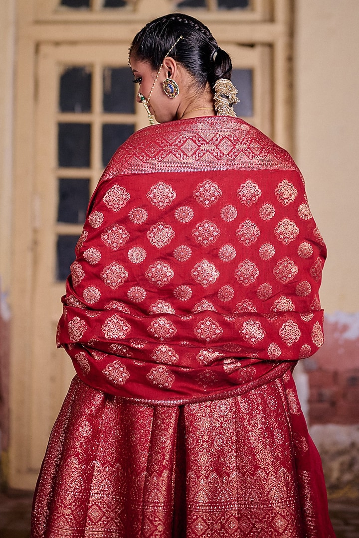 Deep Red Vegan Silk Embroidered Wedding Anarkali Set by Safaa at Pernia's Pop Up Shop