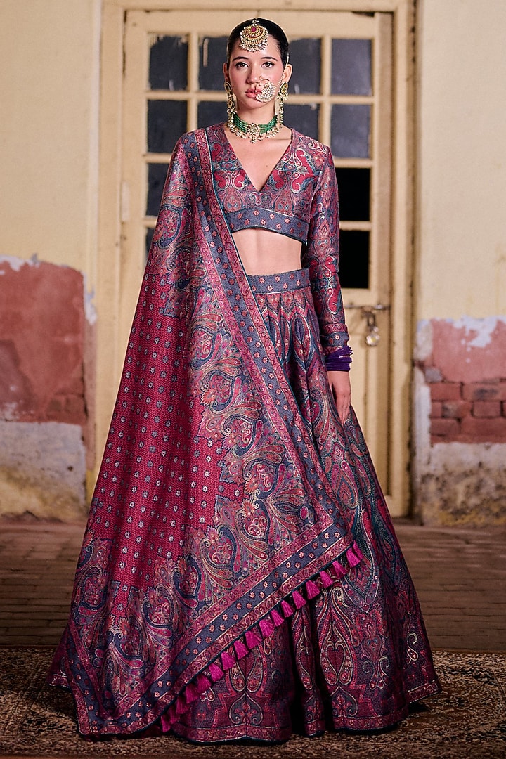 Grey & Magenta Moonga Silk Printed Wedding Lehenga Set by Safaa at Pernia's Pop Up Shop