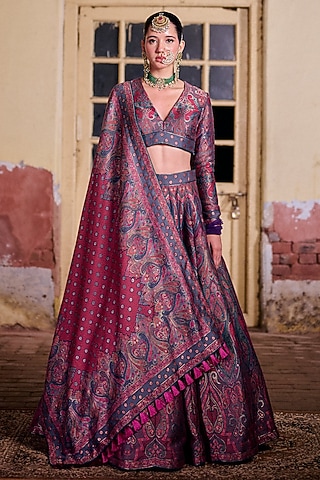 Grey & Magenta Moonga Silk Printed Lehenga Set by Safaa