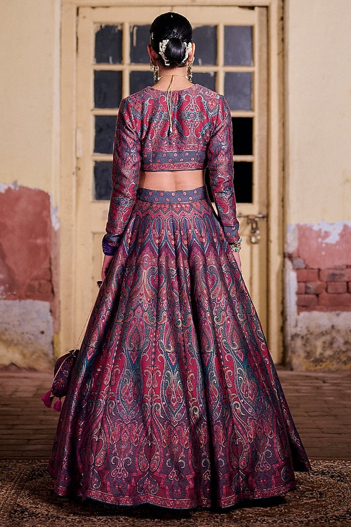 Grey & Magenta Moonga Silk Printed Wedding Lehenga Set by Safaa at Pernia's Pop Up Shop