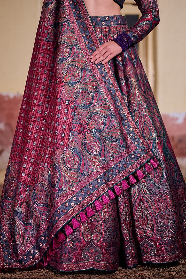 Grey & Magenta Moonga Silk Printed Wedding Lehenga Set by Safaa at Pernia's Pop Up Shop