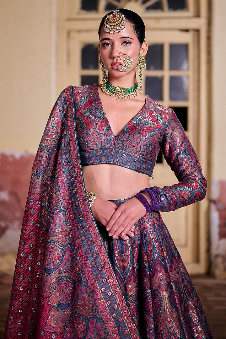 Grey & Magenta Moonga Silk Printed Wedding Lehenga Set by Safaa at Pernia's Pop Up Shop