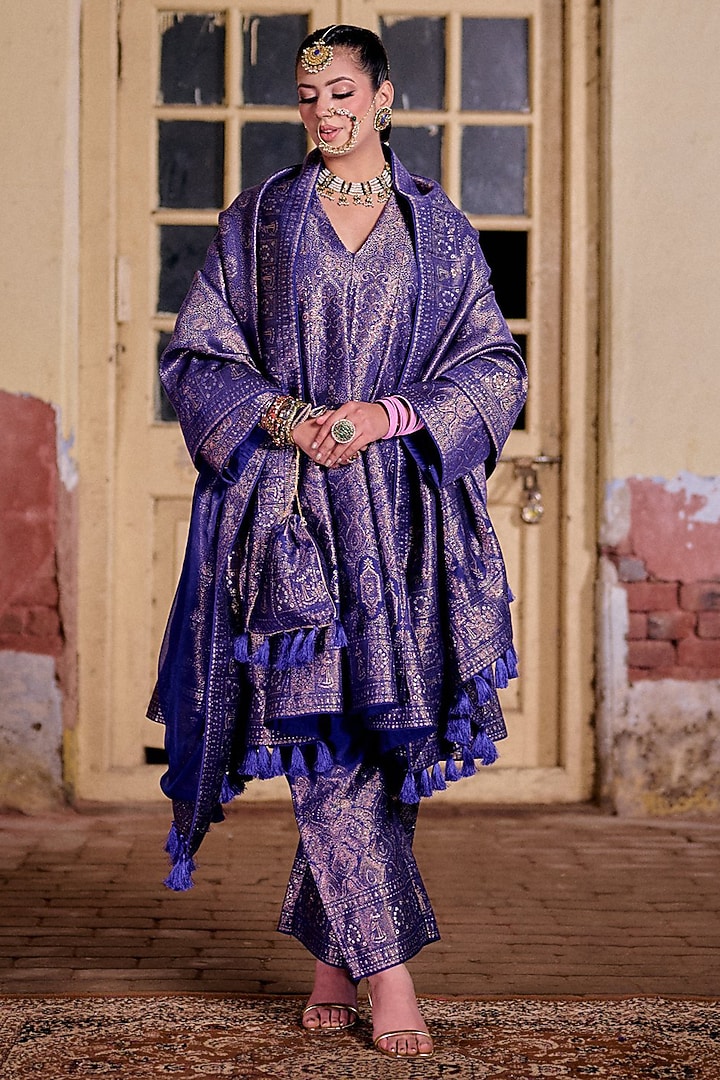 Indigo Vegan Silk Short Wedding Anarkali Set by Safaa at Pernia's Pop Up Shop