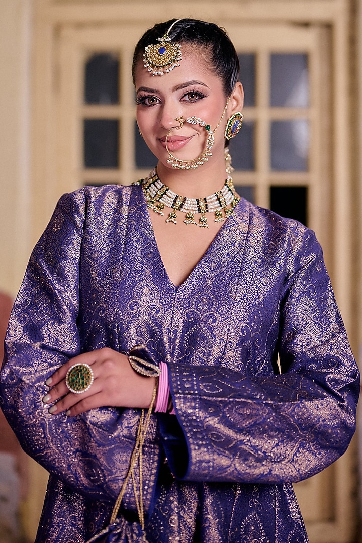 Indigo Vegan Silk Short Wedding Anarkali Set by Safaa at Pernia's Pop Up Shop