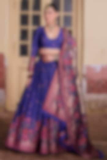 Indigo & Multi-Colored Vegan Silk Printed Wedding Lehenga Set by Safaa at Pernia's Pop Up Shop