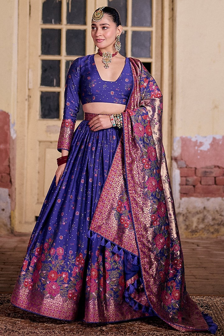 Indigo & Multi-Colored Vegan Silk Printed Wedding Lehenga Set by Safaa at Pernia's Pop Up Shop
