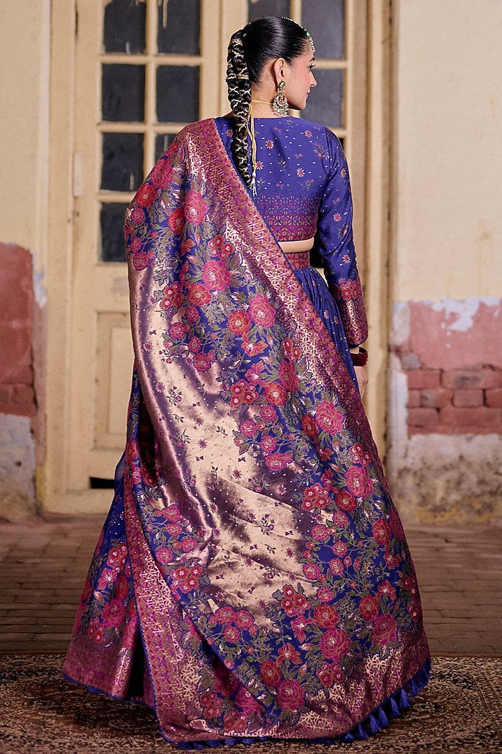 Indigo & Multi-Colored Vegan Silk Printed Wedding Lehenga Set by Safaa at Pernia's Pop Up Shop