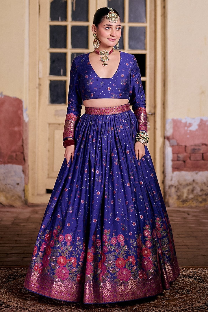 Indigo & Multi-Colored Vegan Silk Printed Wedding Lehenga Set by Safaa at Pernia's Pop Up Shop