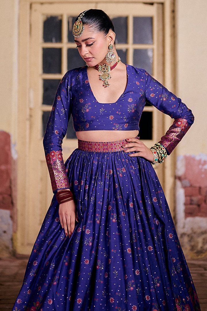 Indigo & Multi-Colored Vegan Silk Printed Wedding Lehenga Set by Safaa at Pernia's Pop Up Shop