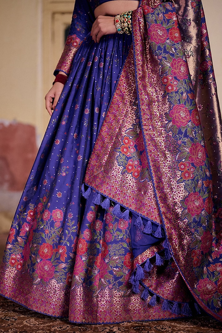 Indigo & Multi-Colored Vegan Silk Printed Wedding Lehenga Set by Safaa at Pernia's Pop Up Shop