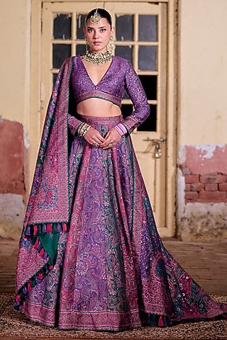 Purple & Multi-Colored Vegan Silk Printed Lehenga Set by Safaa